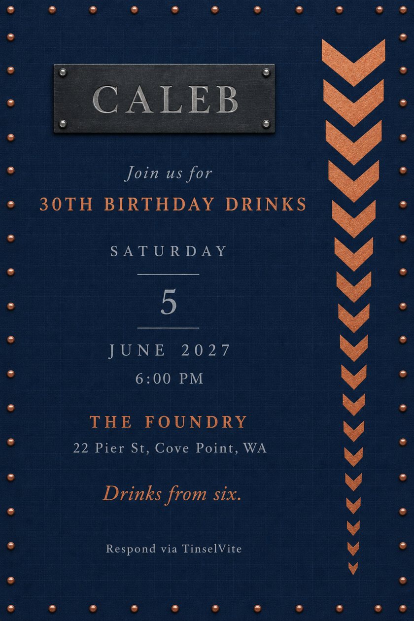 Midnight-blue waxed canvas 30th birthday drinks invitation with a steel name plate, copper rivets around the edge and a column of copper chevrons, with the date and venue below.