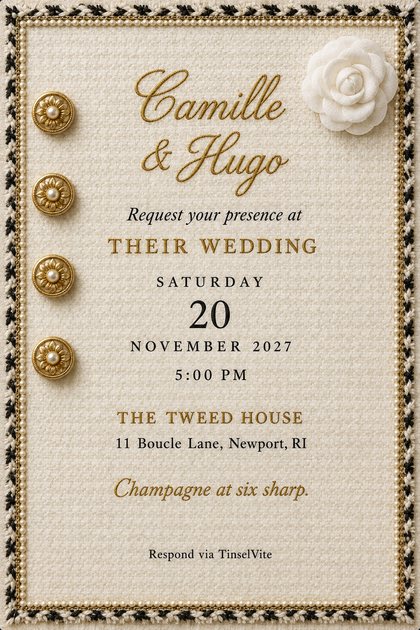 Ivory woven wedding invitation with four gold buttons down the left, a white silk camellia at top right, gold cord script names, and the date and venue below.