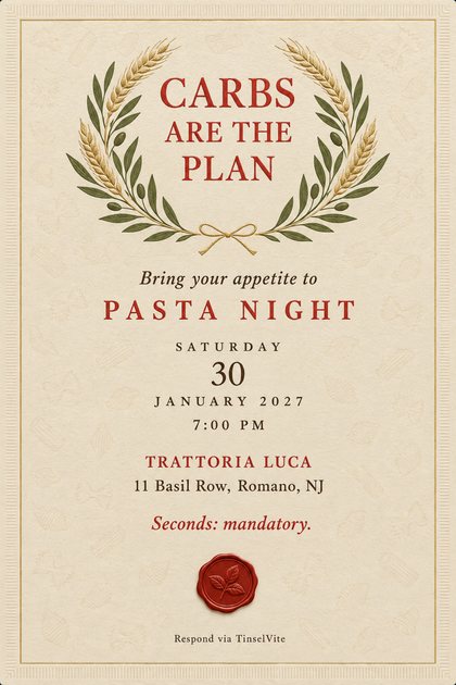 Pasta night dinner party invitation: red and cream checked linen with a ruffled border, a cream menu panel headed Carbs Are the Plan, and the date and venue below.