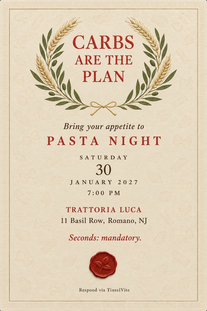 Pasta night dinner party invitation: red and cream checked linen with a ruffled border, a cream menu panel headed Carbs Are the Plan, and the date and venue below.