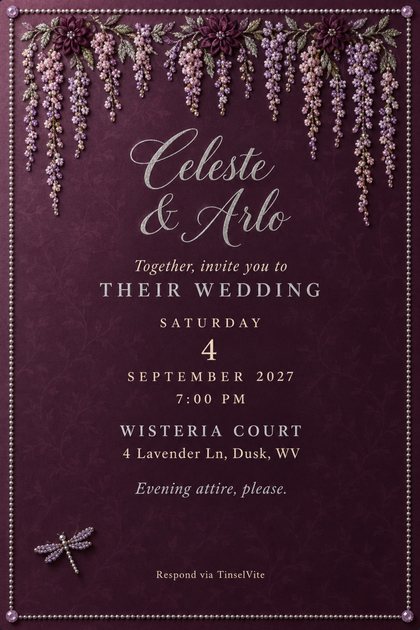 Wedding invitation on deep plum satin with beaded wisteria hanging across the top, silver script names, a bead border and a small dragonfly, with the date and venue below.