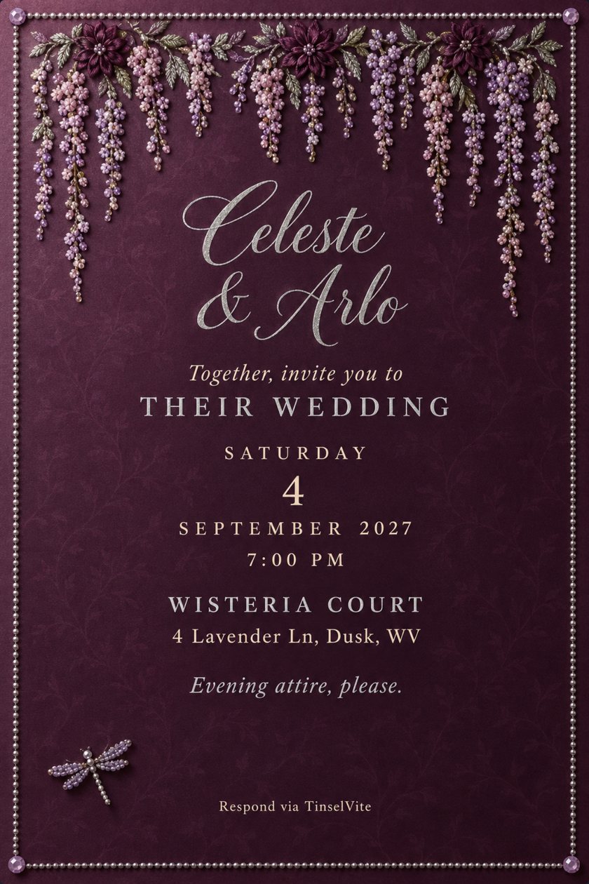 Wedding invitation on deep plum satin with beaded wisteria hanging across the top, silver script names, a bead border and a small dragonfly, with the date and venue below.