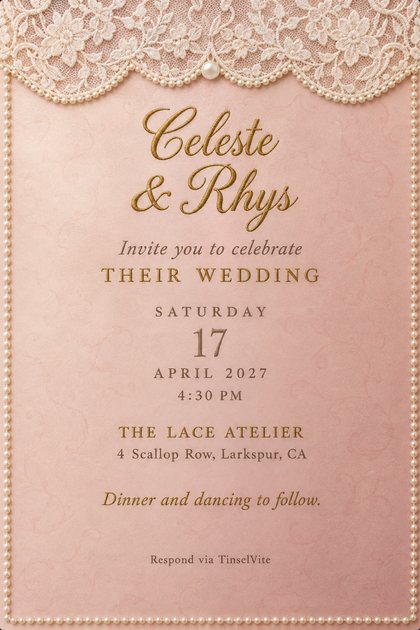 Wedding invitation on blush pink cloth with a cream lace panel across the top, a pearl-edged scalloped hem, a seed pearl border and gold script names above the date and venue.