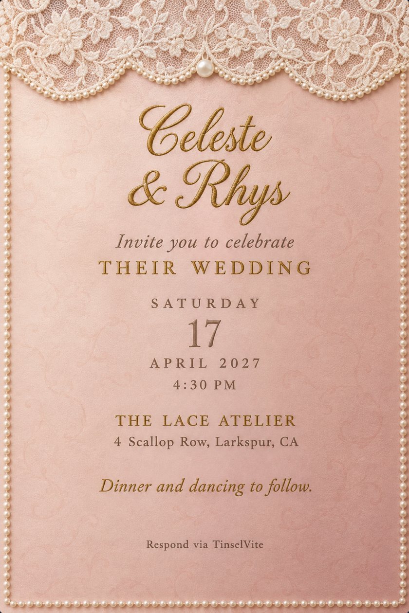Wedding invitation on blush pink cloth with a cream lace panel across the top, a pearl-edged scalloped hem, a seed pearl border and gold script names above the date and venue.