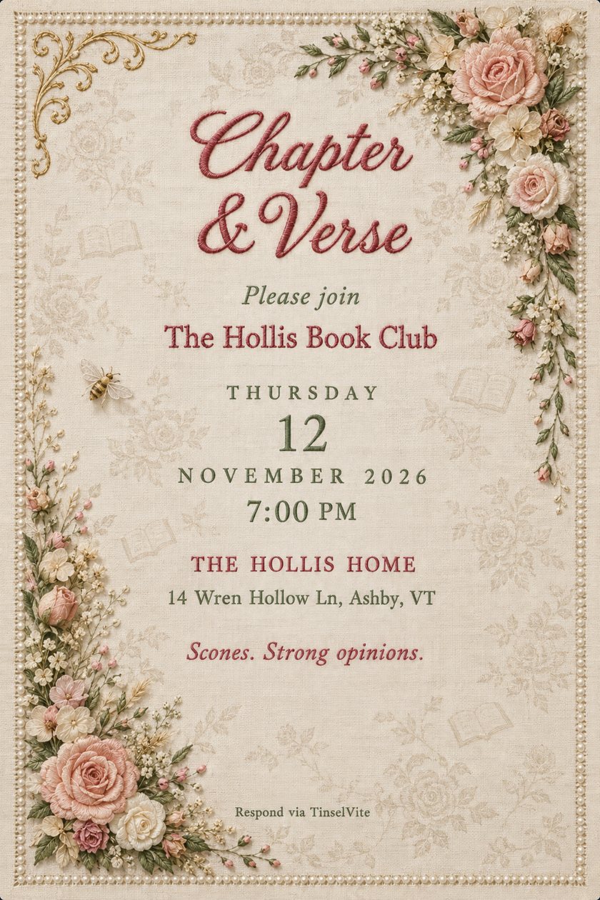 Book club invitation on ivory linen with embroidered blush roses in the top right and bottom left corners, a gold flourish, a pearl border and the title Chapter & Verse in red script.
