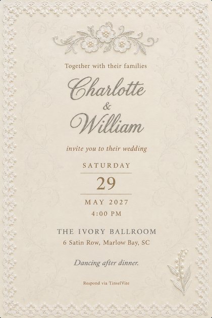 Ivory satin wedding invitation styled as a gown bodice: Chantilly lace and seed pearls down both sides, a large satin bow on a pearl-buttoned waistband, gold script names with the date and venue below.