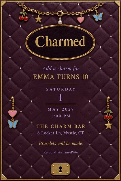 Birthday invitation on quilted plum leather with a gold border, a charm bracelet above a black velvet oval titled Charmed, and the date and venue below.