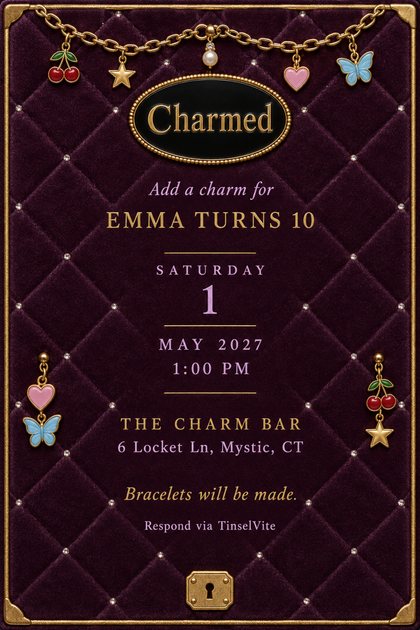 Birthday invitation on quilted plum velvet with gold piping, a charm bracelet across the top, and a black oval plaque reading Charmed, with the date and venue below.