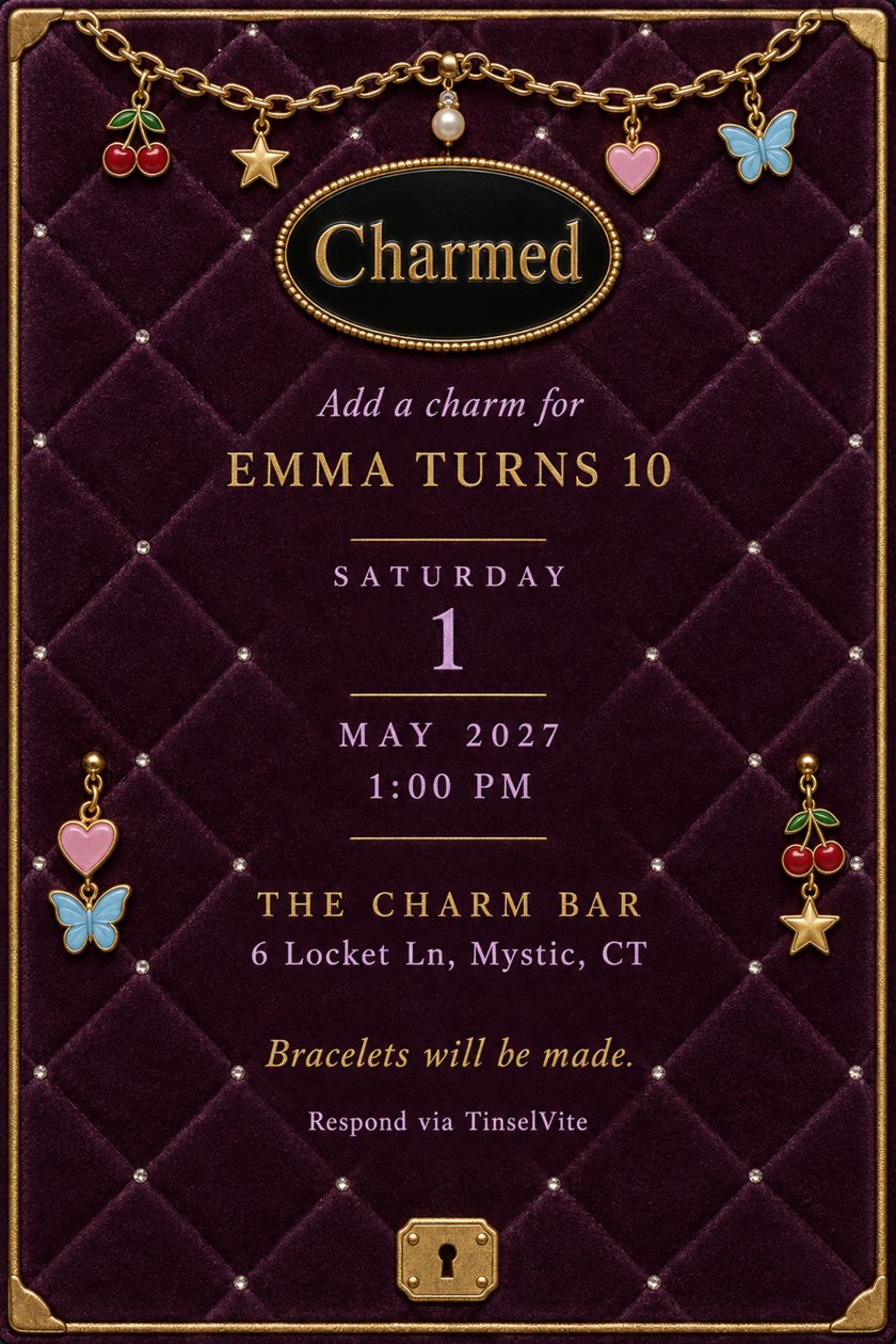 Birthday invitation on quilted plum velvet with gold piping, a charm bracelet across the top, and a black oval plaque reading Charmed, with the date and venue below.
