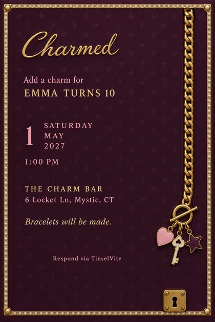 Birthday invitation on a deep plum lacquered lid with a gold curb chain bracelet down the right, pink heart, ivory key and plum star charms, gold script Charmed, date and venue below.
