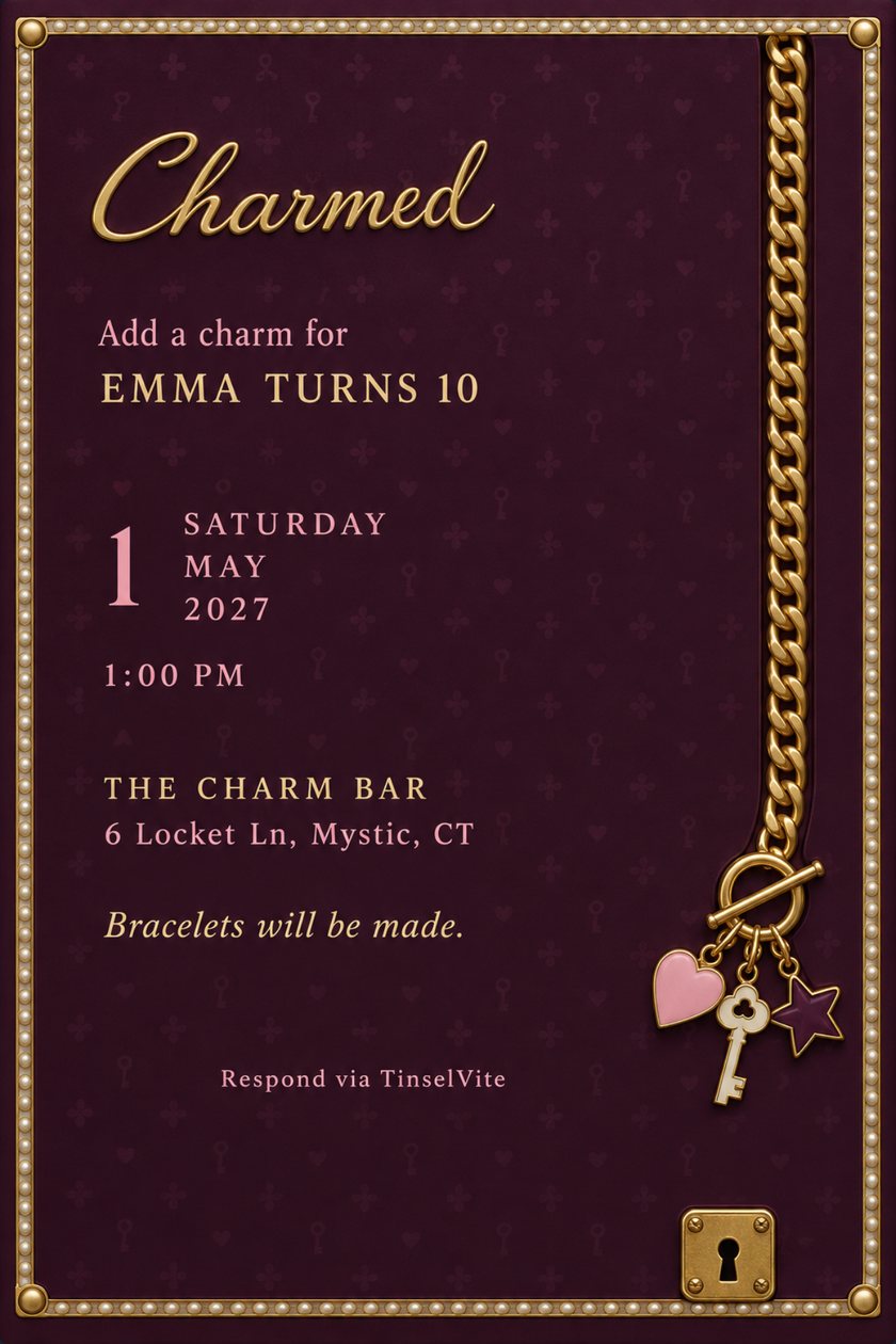 Birthday invitation on a deep plum lacquered lid with a gold curb chain bracelet down the right, pink heart, ivory key and plum star charms, gold script Charmed, date and venue below.