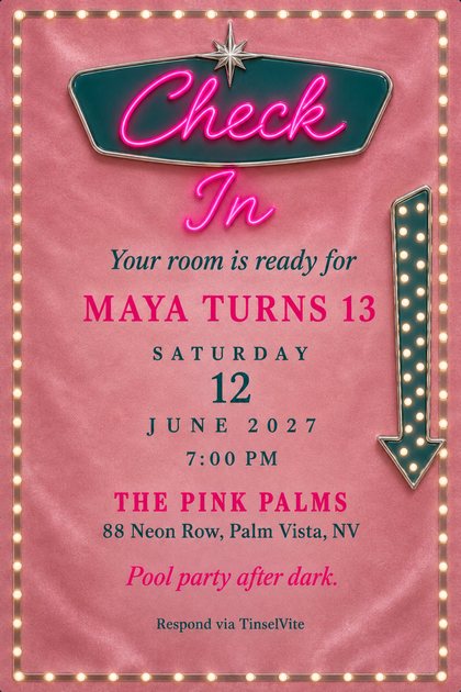 Birthday invitation on blush pink enamelled steel with a teal motel sign reading Check In in pink neon script, a bulb border, a tall teal arrow, and the date and venue below.