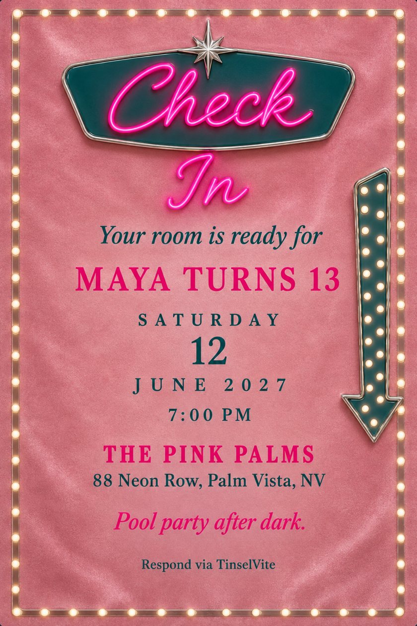 Birthday invitation on blush pink enamelled steel with a teal motel sign reading Check In in pink neon script, a bulb border, a tall teal arrow, and the date and venue below.