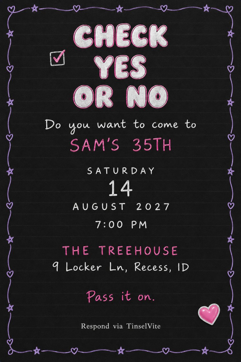 Birthday invitation as a class note on black paper, lavender heart and star border, bubble letters reading Check Yes or No, a ticked box, pink heart sticker, details below.