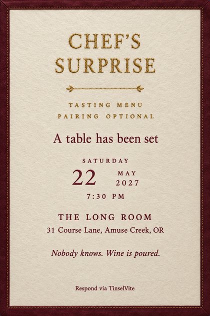 Ivory card in a deep bordeaux silk border with gold stitching. Gold stitched capitals read CHEF'S SURPRISE above a small gold rule, with TASTING MENU, PAIRING OPTIONAL and the date and venue below.