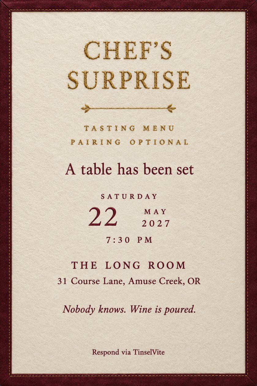 Dinner party invitation: Ivory card in a deep bordeaux silk border with gold stitching. Gold stitched capitals read CHEF'S SURPRISE above a small gold rule, with TASTING MENU, PAIRING OPTIONAL and the date and venue below.
