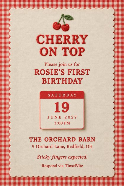 Cream scalloped panel on red gingham. Embroidered red cherries above CHERRY ON TOP in stitched lettering, then ROSIE'S FIRST BIRTHDAY, a red calendar tile, with the date and venue below.