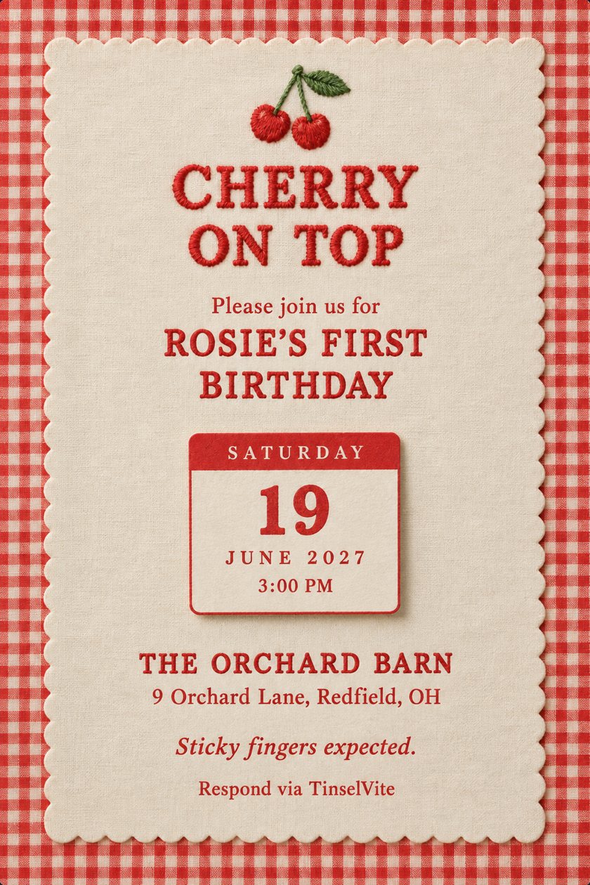 Cream scalloped panel on red gingham. Embroidered red cherries above CHERRY ON TOP in stitched lettering, then ROSIE'S FIRST BIRTHDAY, a red calendar tile, with the date and venue below.