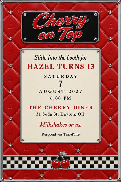 Birthday invitation styled as a red diner booth with diamond quilting and chrome buttons, a black sign reading Cherry on Top, a cream menu board and a checkerboard band with cherries.