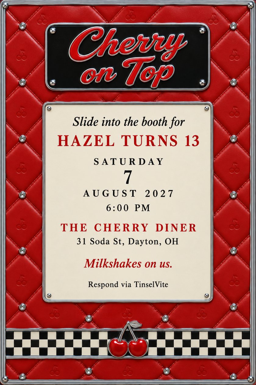 Birthday invitation styled as a red diner booth with diamond quilting and chrome buttons, a black sign reading Cherry on Top, a cream menu board and a checkerboard band with cherries.