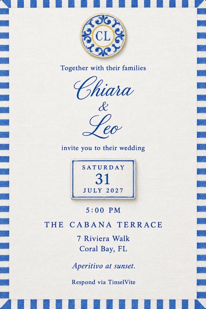 Cream card framed by cobalt and white cabana stripes. A painted ceramic medallion with the initials C L sits above "Chiara & Leo" in blue script, with the date on a small tile and the venue below.