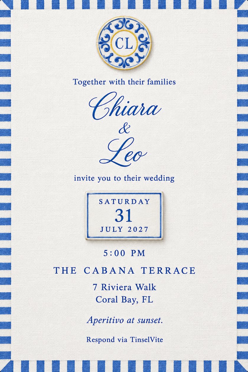 Wedding invitation: Cream card framed by cobalt and white cabana stripes. A painted ceramic medallion with the initials C L sits above "Chiara & Leo" in blue script, with the date on a small tile and the venue below.