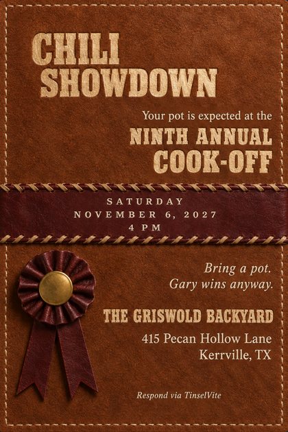 Rust suede card with cream stitching, CHILI SHOWDOWN pressed in cream slab capitals, a laced oxblood leather band carrying the date, and an oxblood rosette with a brass centre at lower left.