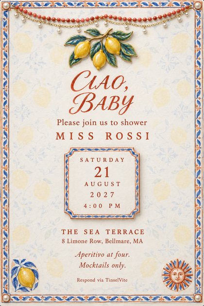 Cream card with cobalt and terracotta tile border, corner pearls, coral bead and pearl swag, a glazed lemon branch, and lemon and sun tiles. Red script reads Ciao, Baby.
