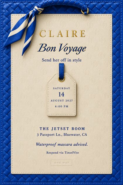 Cobalt woven leather frames a stitched cream panel with a blue and cream scarf knotted at the braided handle. Gold CLAIRE, navy script Bon Voyage, and a luggage tag with the date.