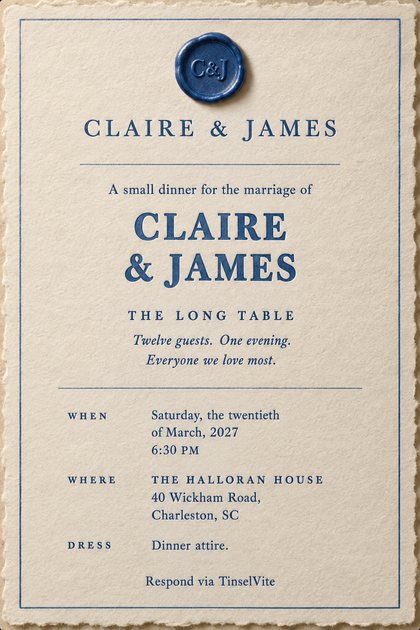 Ivory deckled card with a navy wax seal stamped C and J at the top, thin blue rules, and large letterpress capitals reading CLAIRE & JAMES over THE LONG TABLE, with the date and venue below.
