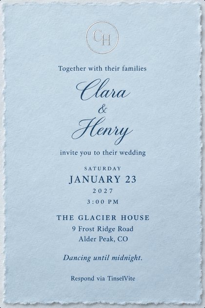 Pale blue deckled-edge card. Silver foil C and H monogram in a thin circle at the top, the names Clara and Henry in dark blue script, the date and venue below, then "Dancing until midnight."