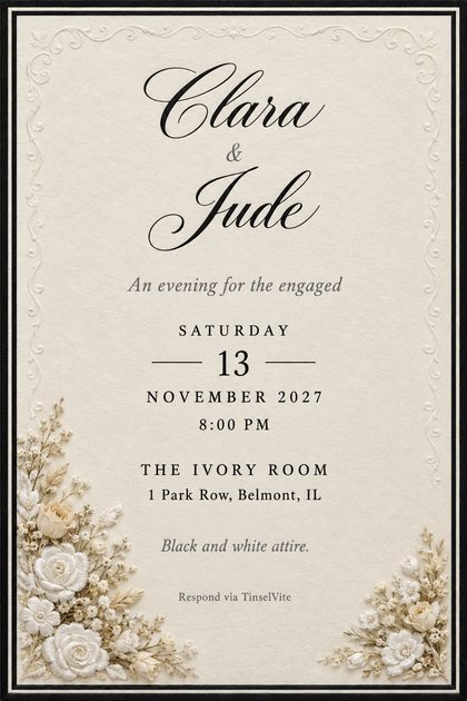 Engagement party invitation: ivory card with a black suede border, white embroidered roses in the lower corners, large black script names, and the date and venue below.