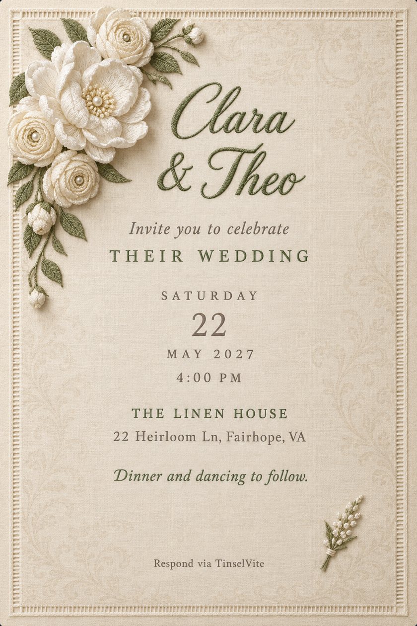 Wedding invitation on ivory linen with a cascade of raised white stitched peonies with pearl centres in the top corner, sage green script names, and the date and venue below.