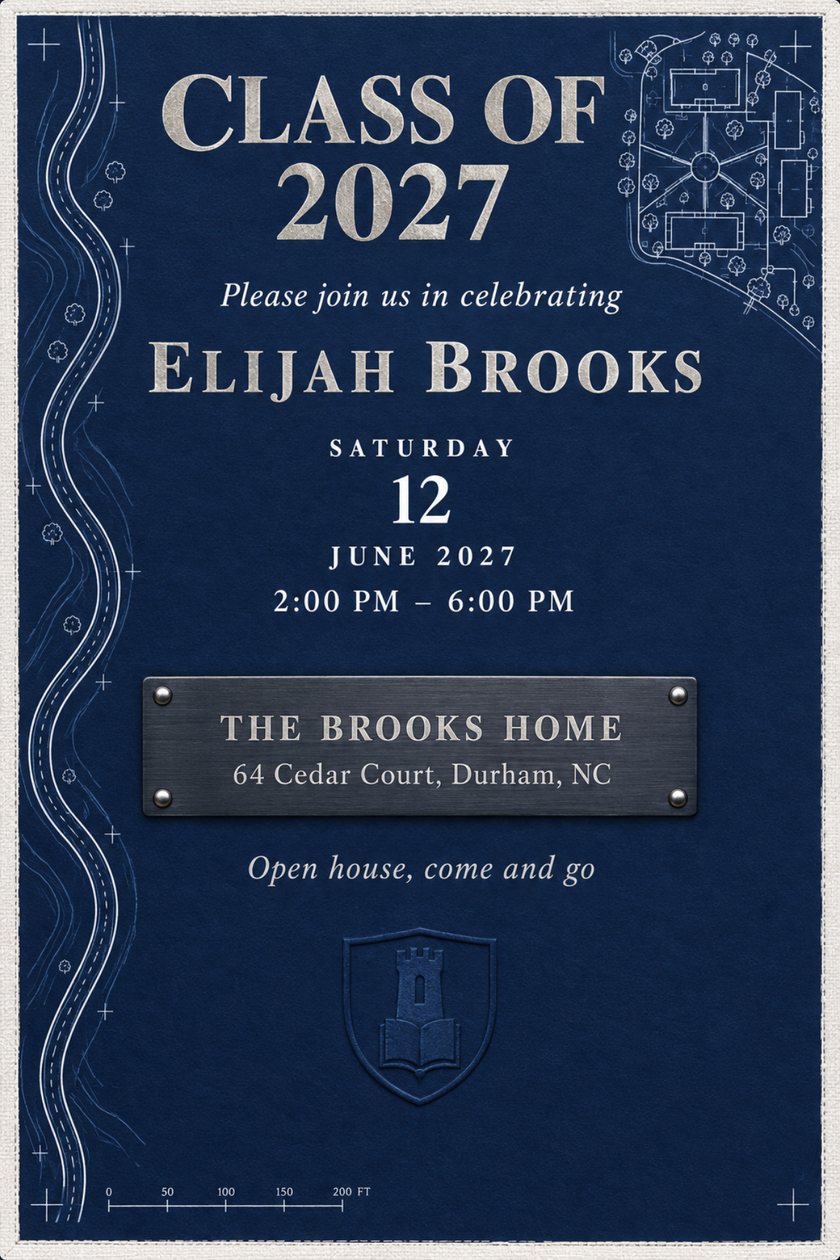 Navy graduation invitation with silver foil Class of 2027 heading, a blueprint campus map, a winding road, a riveted metal plate and a tower crest, with the date and venue below.