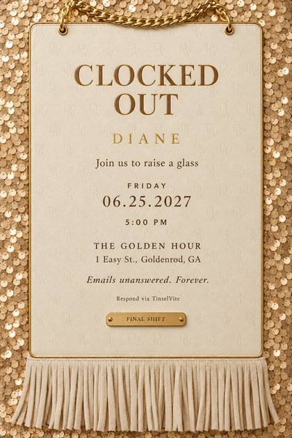 Cream panel framed by champagne sequins, a gold chain at the top and suede fringe below. Brown capitals read CLOCKED OUT, then DIANE in gold, FINAL SHIFT, the date and venue.