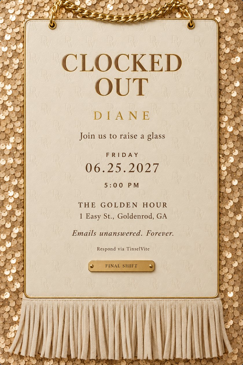Retirement invitation: Cream panel framed by champagne sequins, a gold chain at the top and suede fringe below. Brown capitals read CLOCKED OUT, then DIANE in gold, FINAL SHIFT, the date and venue.