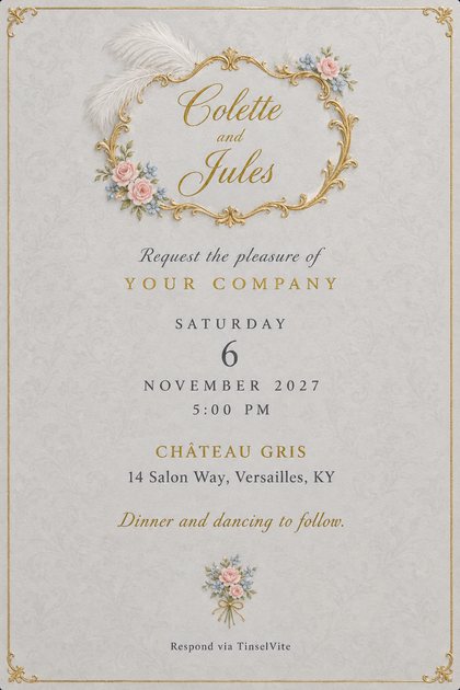 Wedding invitation on dove-grey satin: gold Rococo frame with pink roses, blue flowers and a white plume around script names, with the date and venue below.