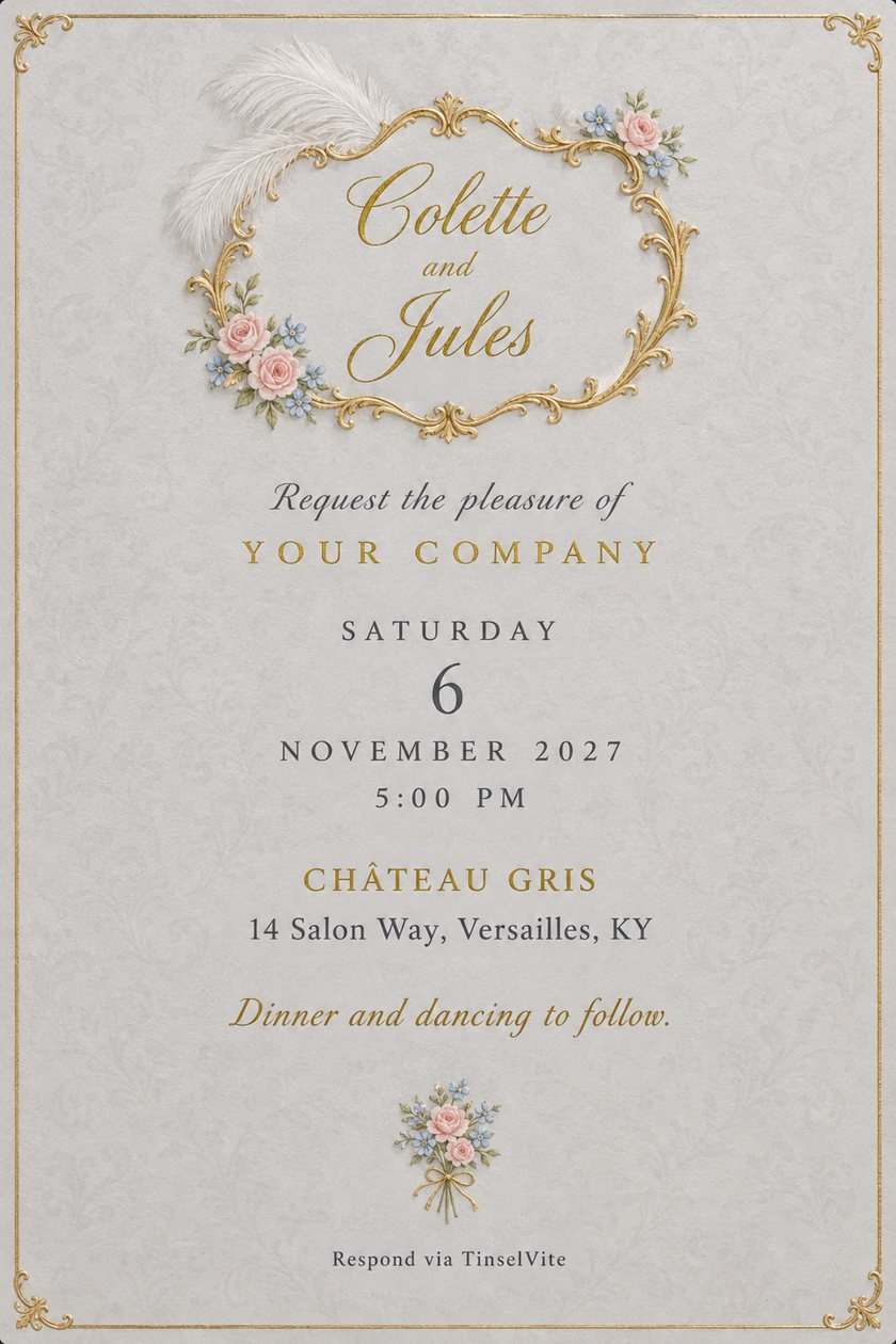 Wedding invitation on dove-grey satin: gold Rococo frame with pink roses, blue flowers and a white plume around script names, with the date and venue below.