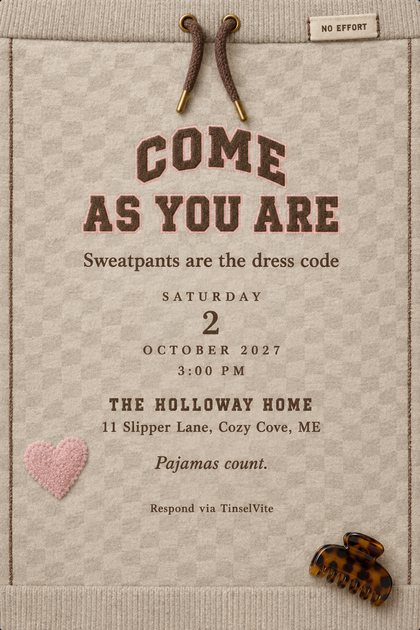 Invitation drawn as oatmeal sweatpants: ribbed waistband, cocoa drawstring, a woven NO EFFORT tag, pink chenille heart, tortoiseshell claw clip. COME AS YOU ARE above the date and venue.