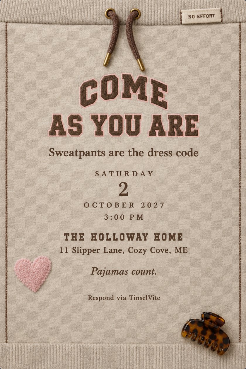 Just because invitation: Invitation drawn as oatmeal sweatpants: ribbed waistband, cocoa drawstring, a woven NO EFFORT tag, pink chenille heart, tortoiseshell claw clip. COME AS YOU ARE above the date and venue.