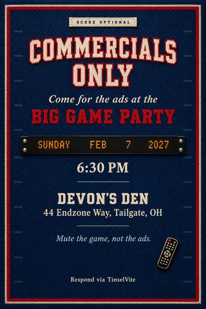 Watch party invitation on navy mesh with a red and cream knit border, stitched twill lettering reading Commercials Only, a black scoreboard date band and a TV remote pin.