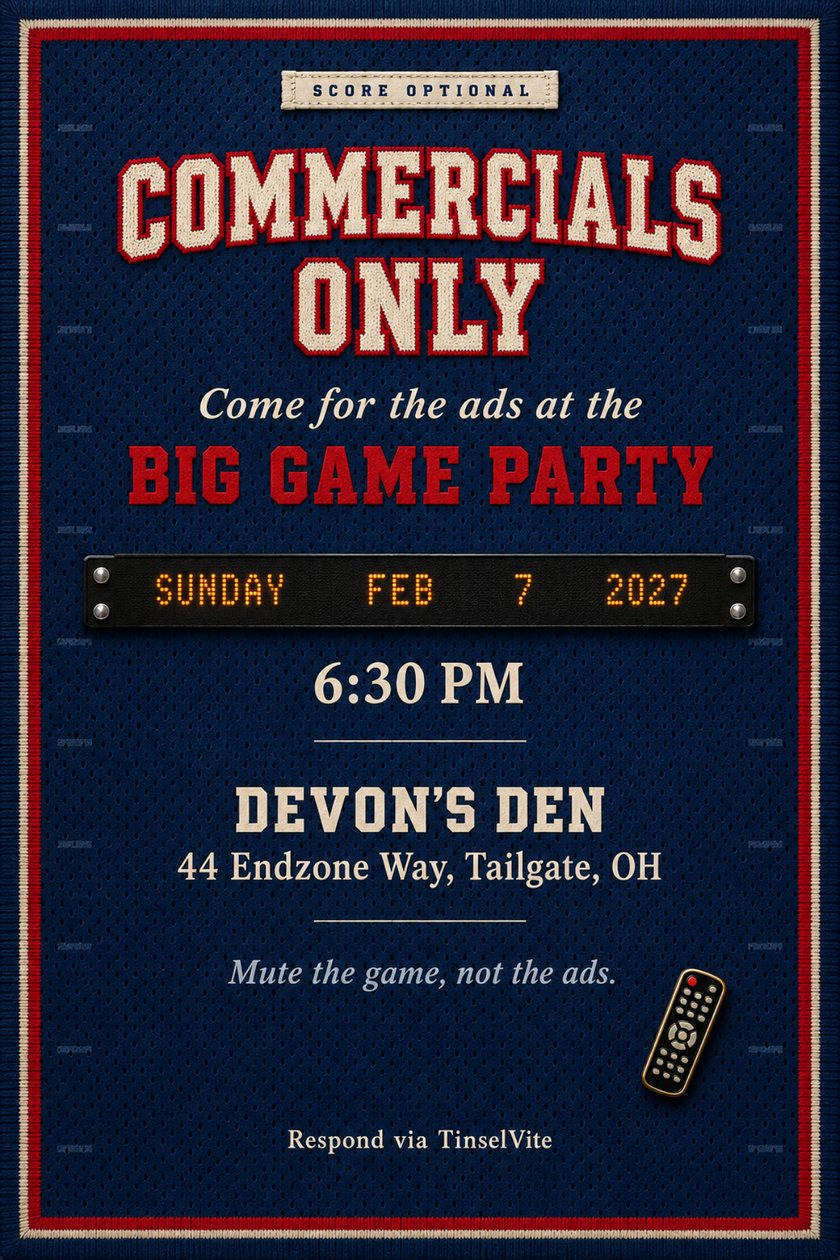 Watch party invitation on navy mesh with a red and cream knit border, stitched twill lettering reading Commercials Only, a black scoreboard date band and a TV remote pin.