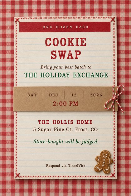 Holiday party invitation titled Cookie Swap: ruled cream recipe card on red gingham, kraft date band with twine bow, gingerbread patch, date and venue below.