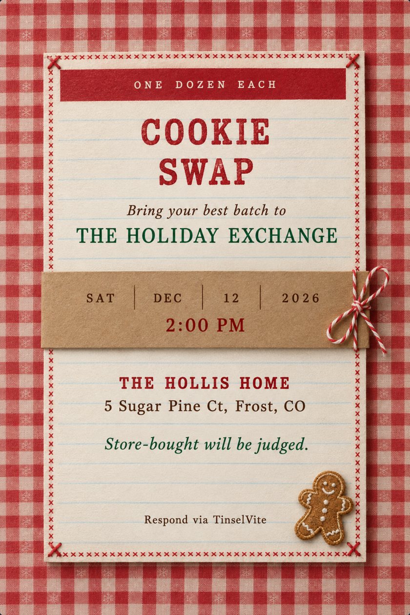 Holiday party invitation titled Cookie Swap: ruled cream recipe card on red gingham, kraft date band with twine bow, gingerbread patch, date and venue below.