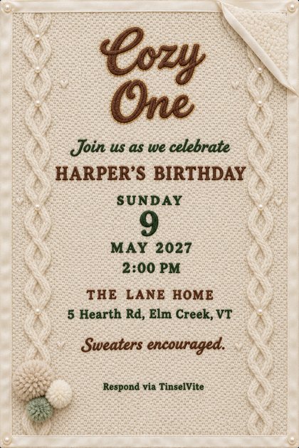 First birthday card shaped like a cream cable knit baby blanket, brown stitched script title Cozy One, pompoms, pearls, a folded sherpa corner, date and venue below.