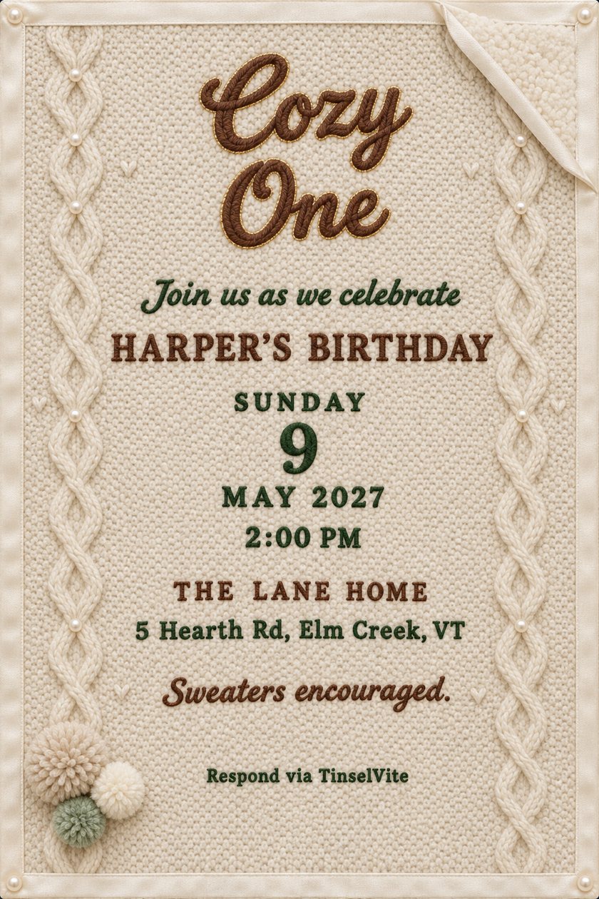 First birthday card shaped like a cream cable knit baby blanket, brown stitched script title Cozy One, pompoms, pearls, a folded sherpa corner, date and venue below.