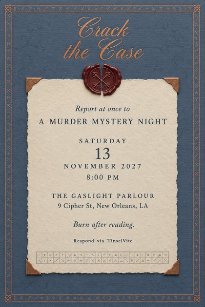 Murder mystery night invitation on slate blue paper with a copper cipher border, a cracked red wax seal and a cream deckled note under the title Crack the Case, with date and venue below.