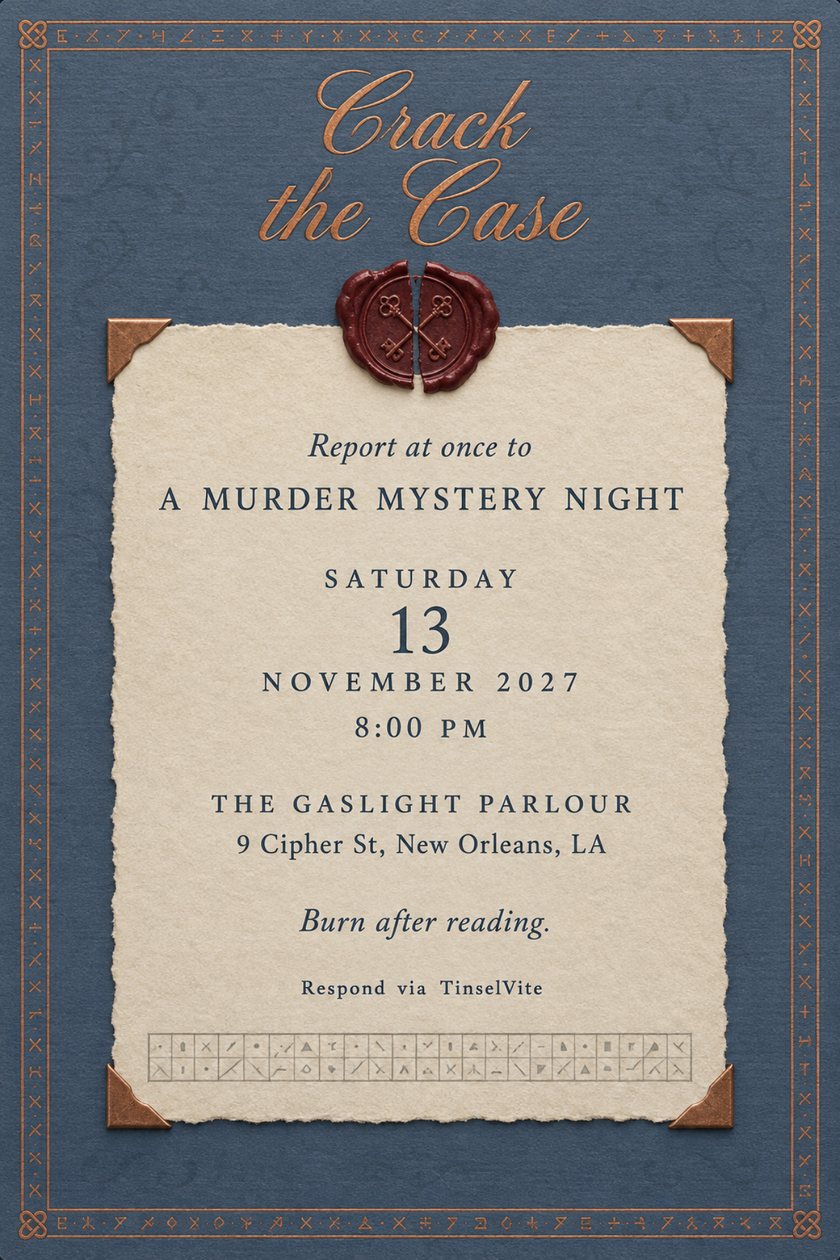 Game night invitation: Murder mystery night invitation on slate blue paper with a copper cipher border, a cracked red wax seal and a cream deckled note under the title Crack the Case, with date and venue below.