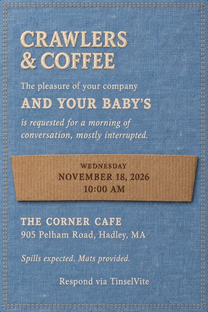 Washed blue chambray with kraft topstitching. Cream embroidered title Crawlers & Coffee above the line AND YOUR BABY'S, and a kraft coffee sleeve across the middle with the date and venue below.
