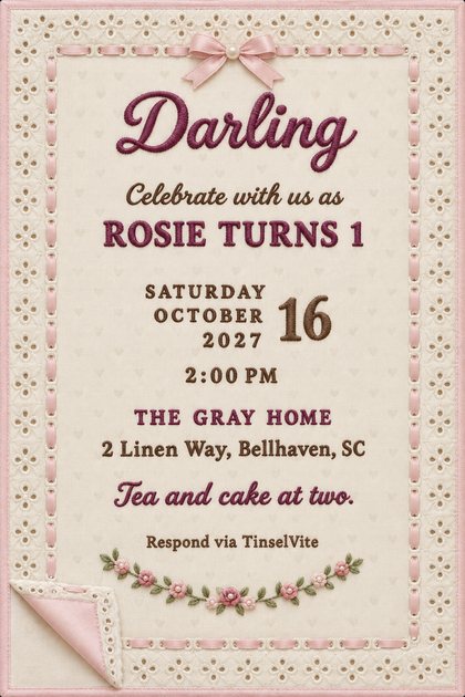 First birthday invitation on a cream eyelet cotton blanket with pink satin binding and bow, plum stitched script reading Darling, a rosebud garland, and the date and venue below.
